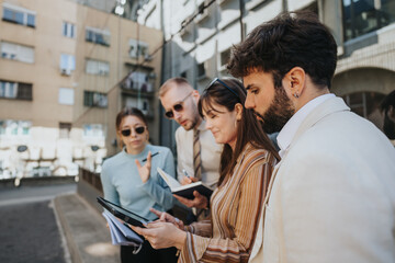 Diverse professionals collaborate outdoors in the city, discussing budget management, market research, and sales strategy to foster business expansion and profitability.