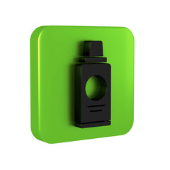 Black Bottle of shampoo icon isolated on transparent background. Green square button.