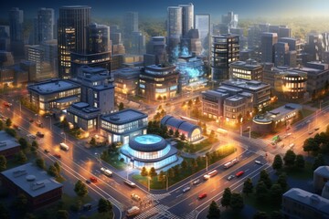 cityscape that showcases the synergy between modern infrastructure and natural elements, including well-planned roads, buildings, parks, and diverse vehicles