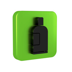 Black Bottle of shampoo icon isolated on transparent background. Green square button.