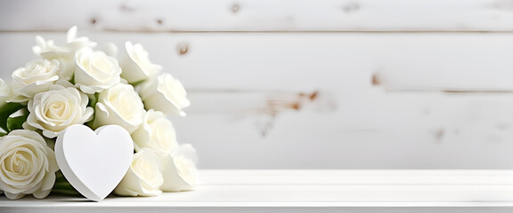 Wedding bouquet and valentine heart against a white wooden wall with copy space. Banner for wedding design.