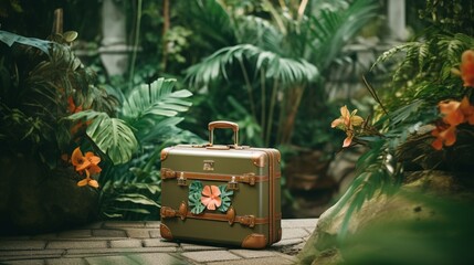 a picturesque shot of an elegant suitcase against a backdrop of lush greenery in a high-end resort