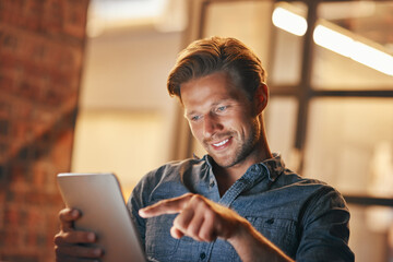 Night, business and man with a tablet, office and smile with connection, entrepreneur and...