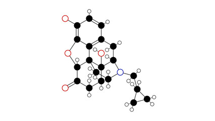 naltrexone molecule, structural chemical formula, ball-and-stick model, isolated image opiate antagonists