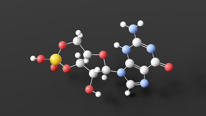 cyclic guanosine monophosphate molecular structure, cyclic nucleotide, ball and stick 3d model, structural chemical formula with colored atoms