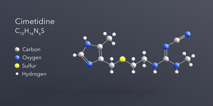 cimetidine molecule 3d rendering, flat molecular structure with chemical formula and atoms color coding