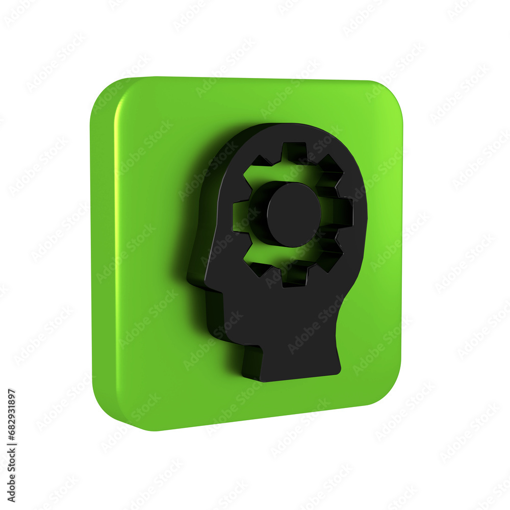 Poster black human head with gear inside icon isolated on transparent background. artificial intelligence. 