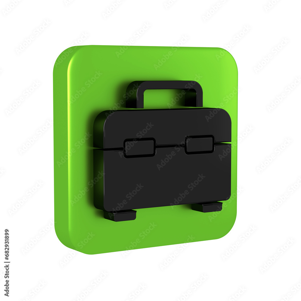 Poster black toolbox icon isolated on transparent background. tool box sign. green square button.