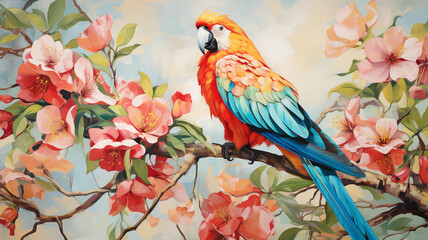 Fototapeta premium A colorful Parrot sitting on the floral branch of the tree, generative ai, 