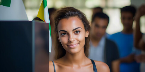 Eleitora brasileira em uma seção eleitoral votando. - obrazy, fototapety, plakaty