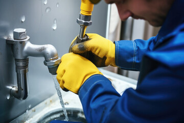 Plumber working in the bathroom, plumbing repair service, assembling and install concept.