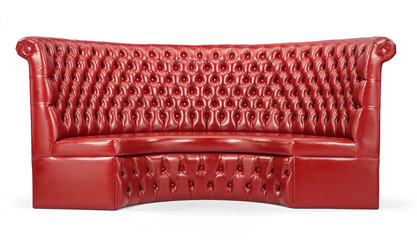 Modern curved sofa made of red leather isolated on white background. Red round sofa