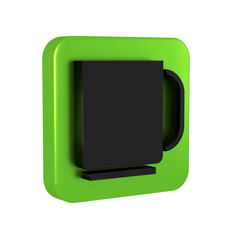 Black Coffee cup icon isolated on transparent background. Tea cup. Hot drink coffee. Green square button.