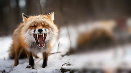 Fotobehang A portrait of an angry fox in a forest © pariketan