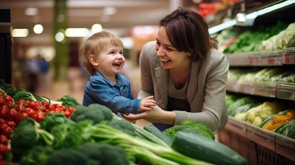Fotobehang Joyful mother and her laughing child in a supermarket produce section, with colorful vegetables like tomatoes and broccoli in the foreground. © HelenP