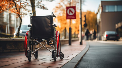 Obraz premium An empty wheelchair on a city sidewalk with a 