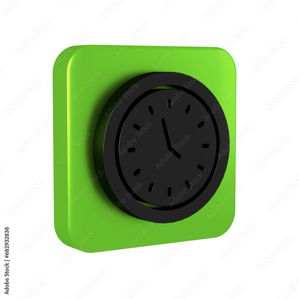 Poster black clock icon isolated on transparent background. time symbol. green square button.