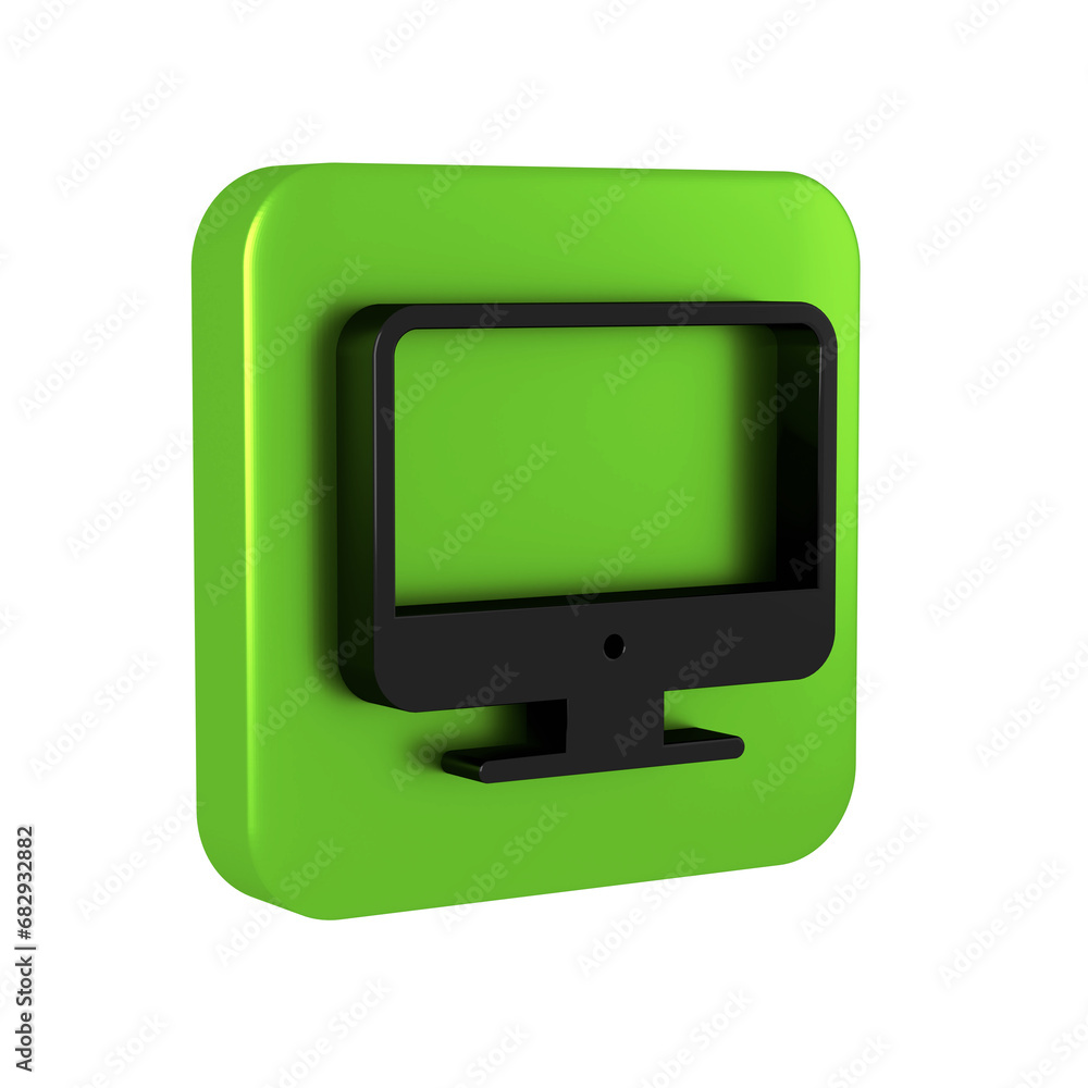 Poster Black Computer monitor screen icon isolated on transparent background. Electronic device. Front view. Green square button.