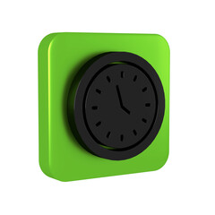 Black Clock icon isolated on transparent background. Time symbol. Green square button.