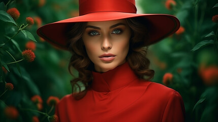 Fashionable woman close-up portrait in combination of vibrant red color dress and green nature background with floral detail. Cover magazine, wallpaper and poster design. Fashion style