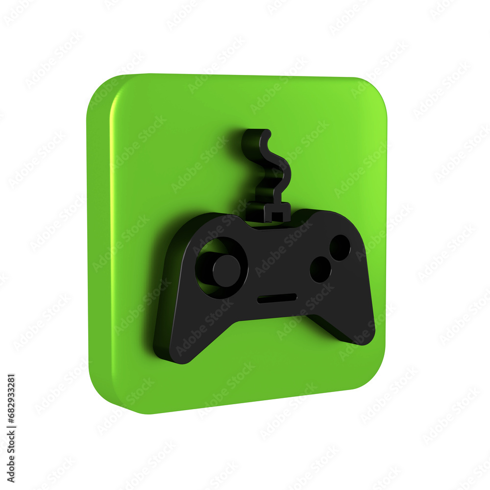 Poster black gamepad icon isolated on transparent background. game controller. green square button.