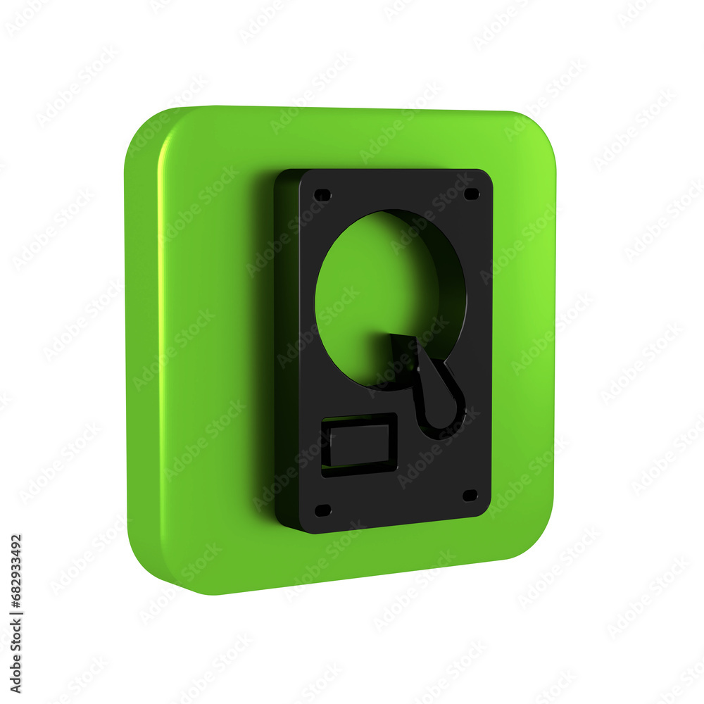Poster black hard disk drive hdd icon isolated on transparent background. green square button.
