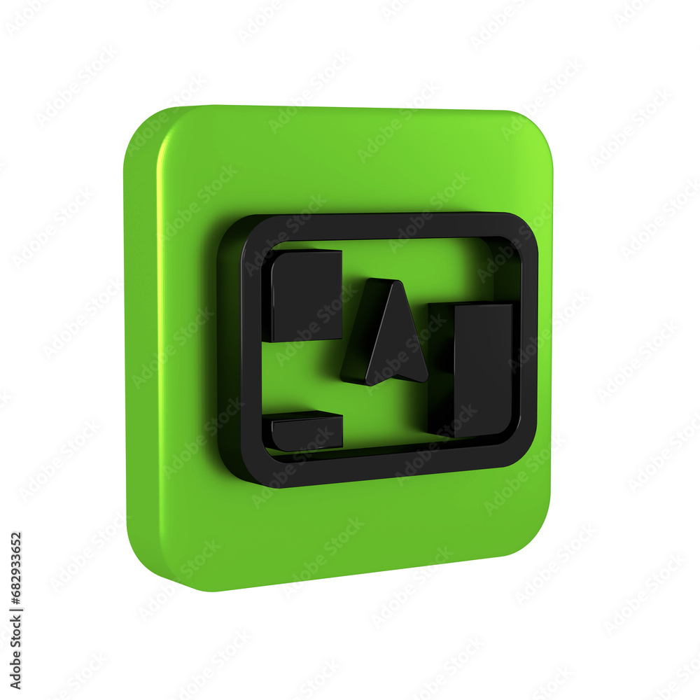 Poster Black Gps device with map icon isolated on transparent background. Green square button.