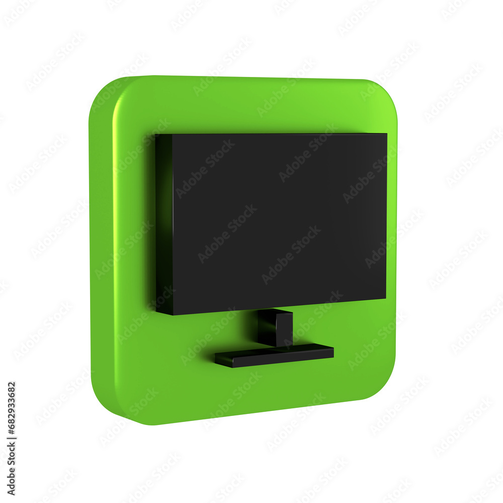 Poster Black Computer monitor screen icon isolated on transparent background. Electronic device. Front view. Green square button.