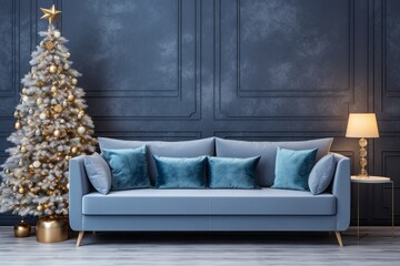 Bright blue interior of the living room with a sofa and a large Christmas tree. New year's interior.