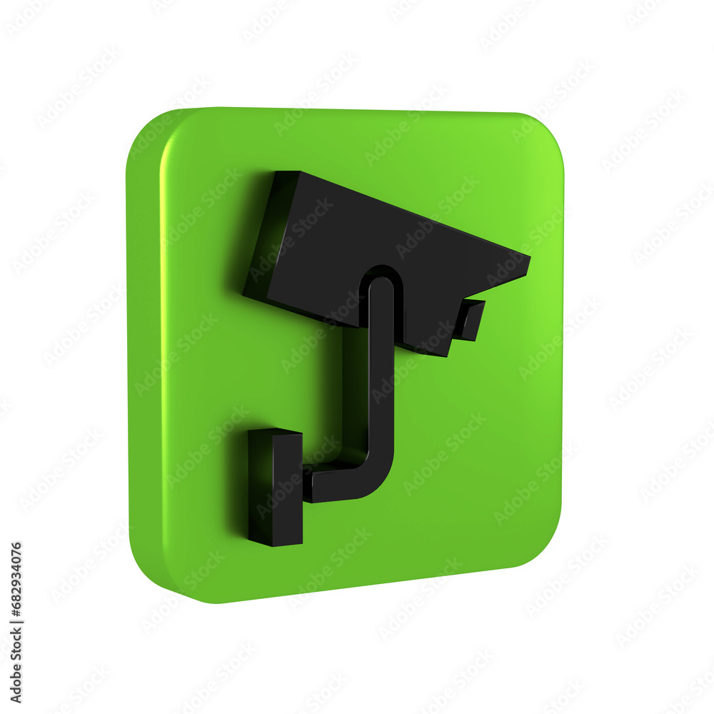 Poster black security camera icon isolated on transparent background. green square button.