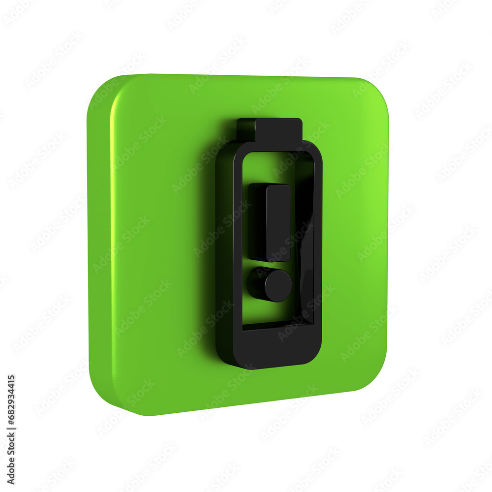 Poster black battery charge level indicator icon isolated on transparent background. green square button.