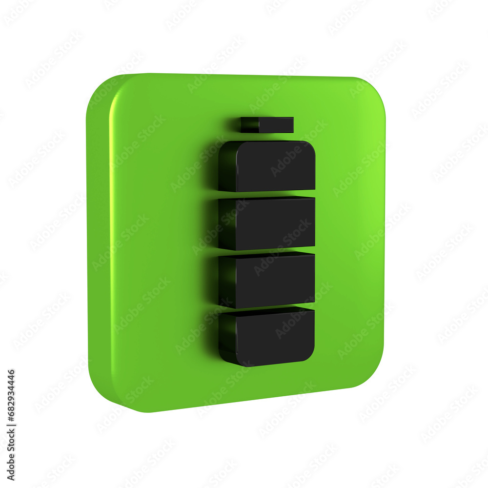 Poster black battery charge level indicator icon isolated on transparent background. green square button.
