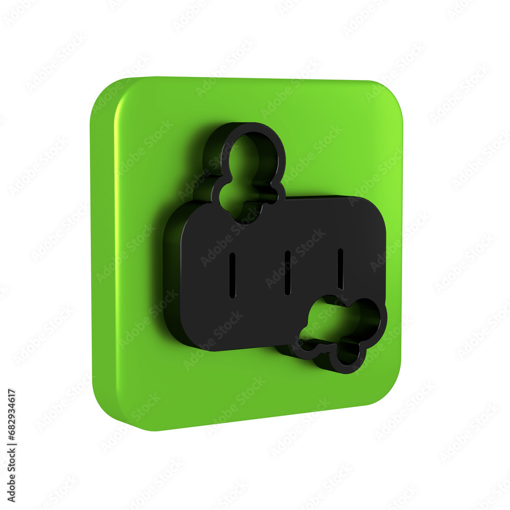 Poster black bar of soap with foam icon isolated on transparent background. soap bar with bubbles. green sq