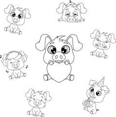 Set of Little Pigs for Coloring. Vector Illustration of Cute Characters with Different Emotions.