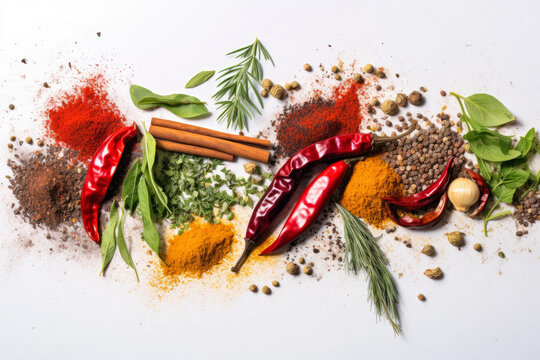 Spices and herbs on white marble background
