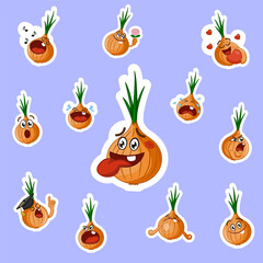 Set of Funny Onions Stickers. Vector Illustration of Cute Characters with Different Emotions.
