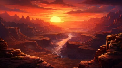 A breathtaking view of a canyon bathed in the warm glow of sunset.