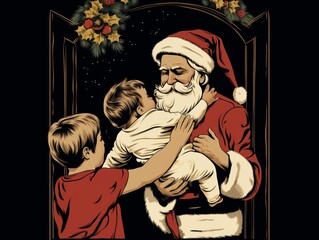 Obraz na płótnie Canvas Cartoon of Santa claus and a child pushing his baby sister in Santa's arms, the old man takes the toddler, the boy asks him to take that present back, thinking Saint Nicholas brought it last year