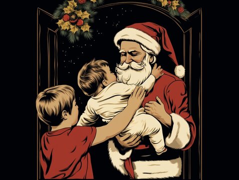 Cartoon of Santa claus and a child pushing his baby sister in Santa's arms, the old man takes the toddler, the boy asks him to take that present back, thinking Saint Nicholas brought it last year