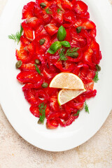 Salmon gravlax with beetroot, Scandinavian snack, beet gravlax, lightly salted fish, homemade, no...