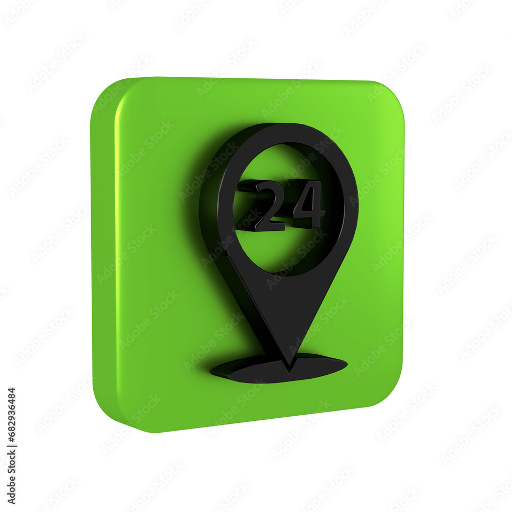 Poster black round the clock delivery icon isolated on transparent background. green square button.