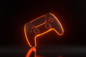 Gamepad with bright glowing futuristic orange neon lights on black background. Joystick for video game. Game controller. 3D render illustration © Andrii