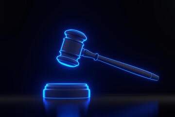 Judge gavelwith bright glowing futuristic blue neon lights on black background. Bidding at auctions. Liability for corruption. Protection of rights. Law and fine. Tax avoidance. 3D render illustration - obrazy, fototapety, plakaty