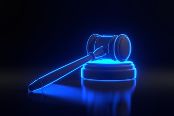 Judge gavelwith bright glowing futuristic blue neon lights on black background. Bidding at auctions. Liability for corruption. Protection of rights. Law and fine. Tax avoidance. 3D render illustration - obrazy, fototapety, plakaty