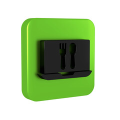 Black Online ordering and fast food delivery icon isolated on transparent background. Green square button.