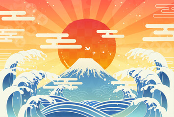 波と富士山と初日の出のイラスト_横5