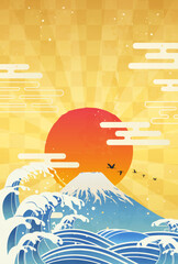 波と富士山と初日の出のイラスト_縦1