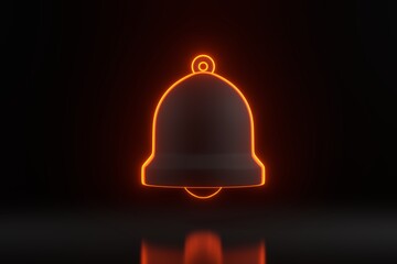Notification bell with bright glowing futuristic orange neon lights on a black background. 3D render illustration