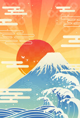 波と富士山と初日の出のイラスト_縦6