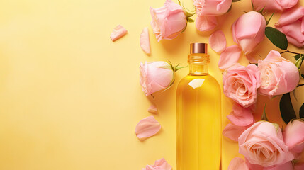 Bottle, rose  flowers on a minimalistic wooden table, top view 